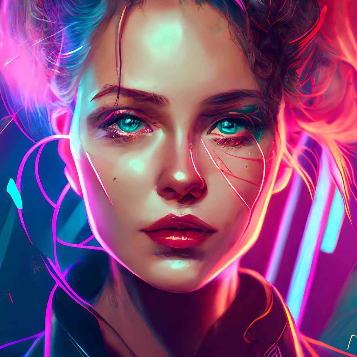 A digital art portrait of a person with short, curly hair, featuring vibrant neon pink and blue lighting and glowing lines across the face. The image has a futuristic, cyberpunk aesthetic with highly saturated colors and a glossy finish.