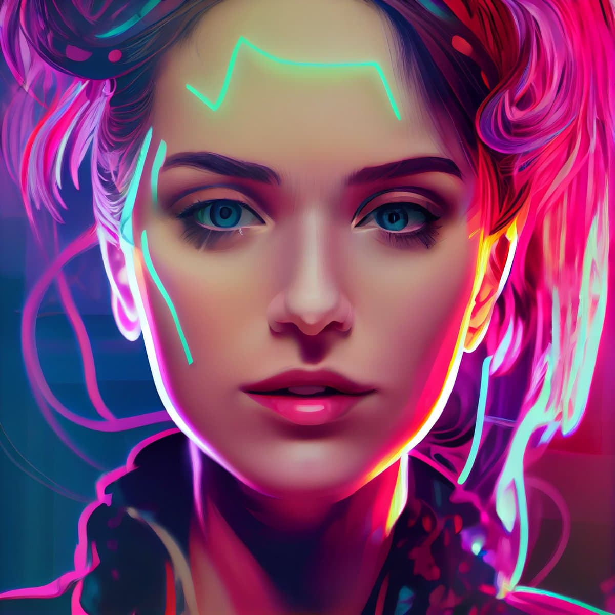 A vibrant, neon-lit digital portrait of a person with short, colorful hair and glowing cyan and pink light accents on their face and hair. The image has a futuristic, cyberpunk aesthetic with a dark background.