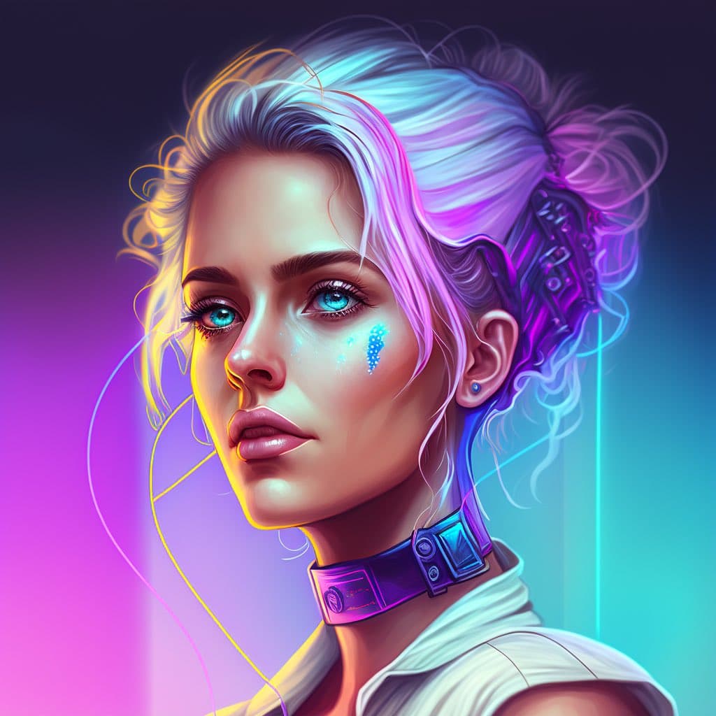 A digital illustration of a woman with short, pastel-colored hair and glowing blue eyes, featuring cybernetic implants on her head and neck. The image has a vibrant, neon-lit aesthetic with pink and blue lighting.