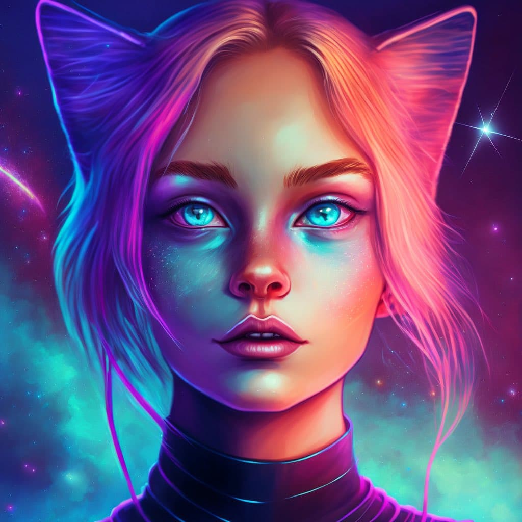 A digital art portrait of a young woman with cat ears, glowing blue eyes, and pastel-colored hair, set against a cosmic, nebula-like background. The image features vibrant neon lighting in shades of pink, purple, and blue. There is no text present in the image.
