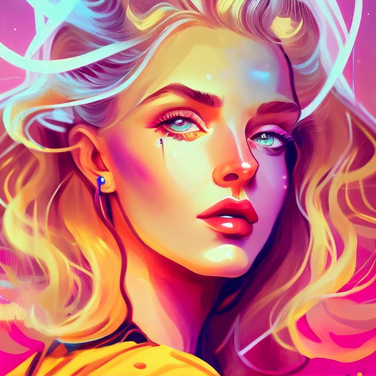 A vibrant, digital art portrait of a woman with flowing blonde hair, blue eyes, and a single tear on her cheek, rendered in a neon color palette of pinks, oranges, and purples. The image features a stylized, illustrative aesthetic with glowing highlights and a soft-focus background.