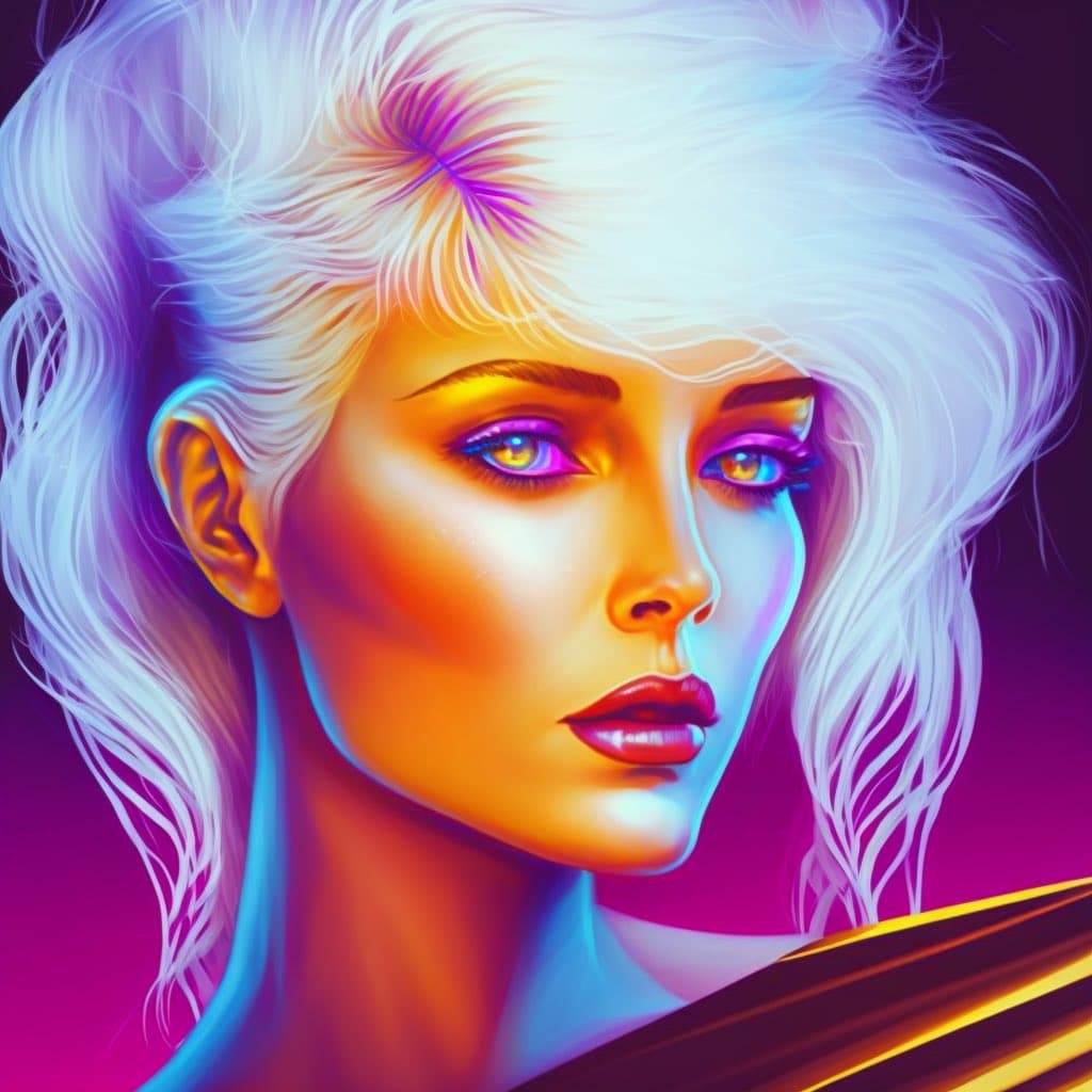 A vibrant, digital art portrait of a person with white hair and colorful, neon-lit features, including purple and blue eyes and red lips. The image uses a high-contrast, synthwave aesthetic with strong pink, blue, and orange lighting against a dark background.