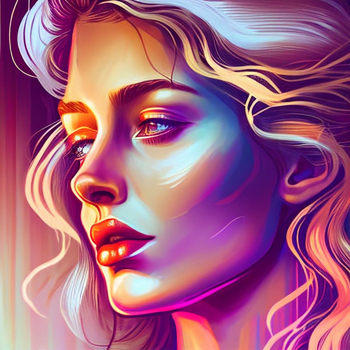A vibrant, digital art portrait of a person with flowing hair, rendered in a stylized, painterly manner. The image features a strong neon color palette with highlights of pink, purple, blue, and orange.
