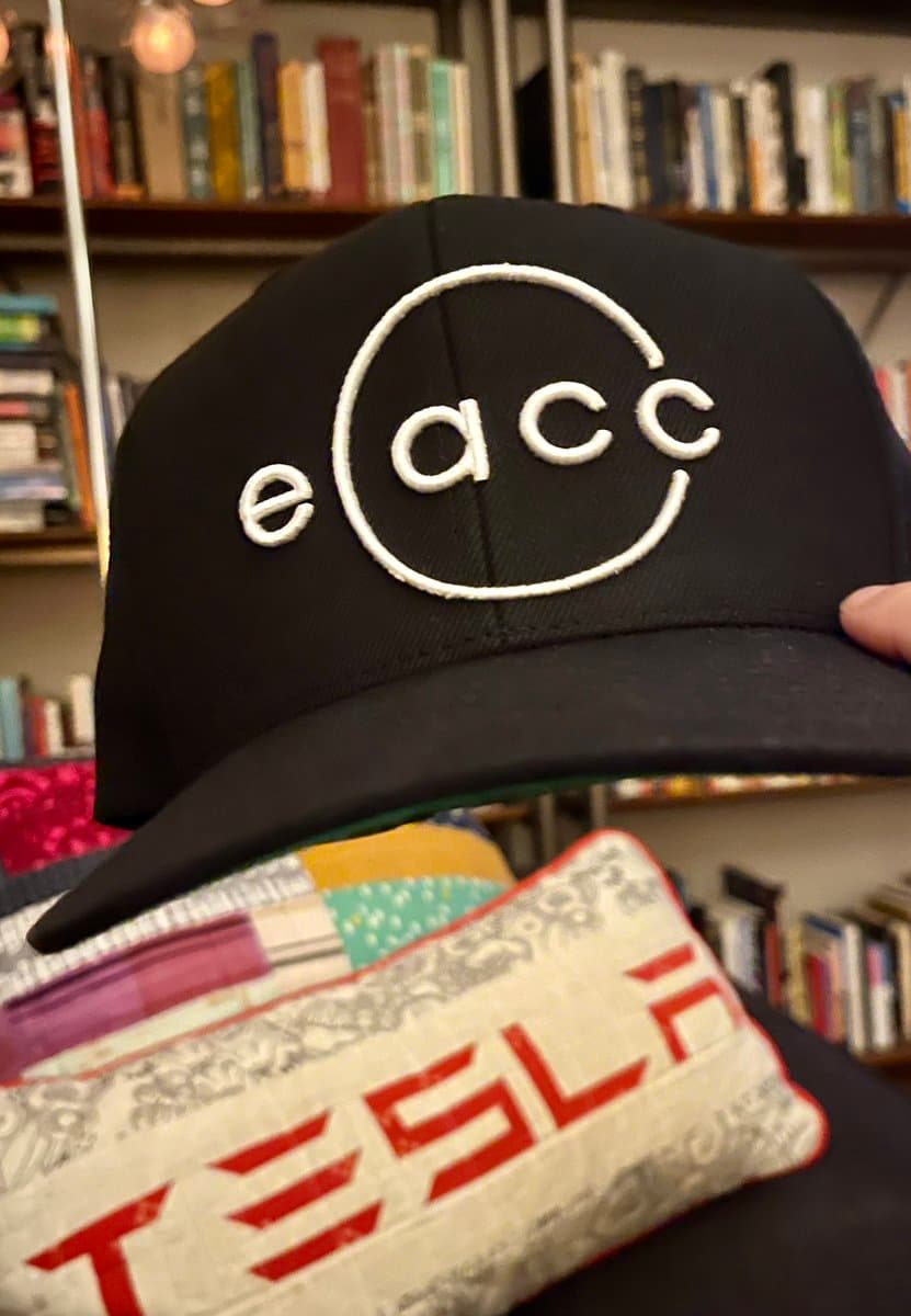 A black baseball cap with white embroidered text reading "eacc" inside a partial circle, held up in front of a bookshelf. A white pillow with red "TESLA" lettering is visible in the foreground.