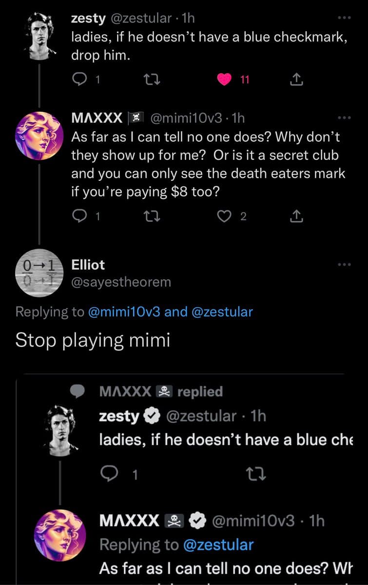 A screenshot of a Twitter conversation thread between three users. The thread discusses the visibility of blue verification checkmarks, with one user jokingly asking if it's a paid feature, and another user telling them to stop playing 'mimi'.