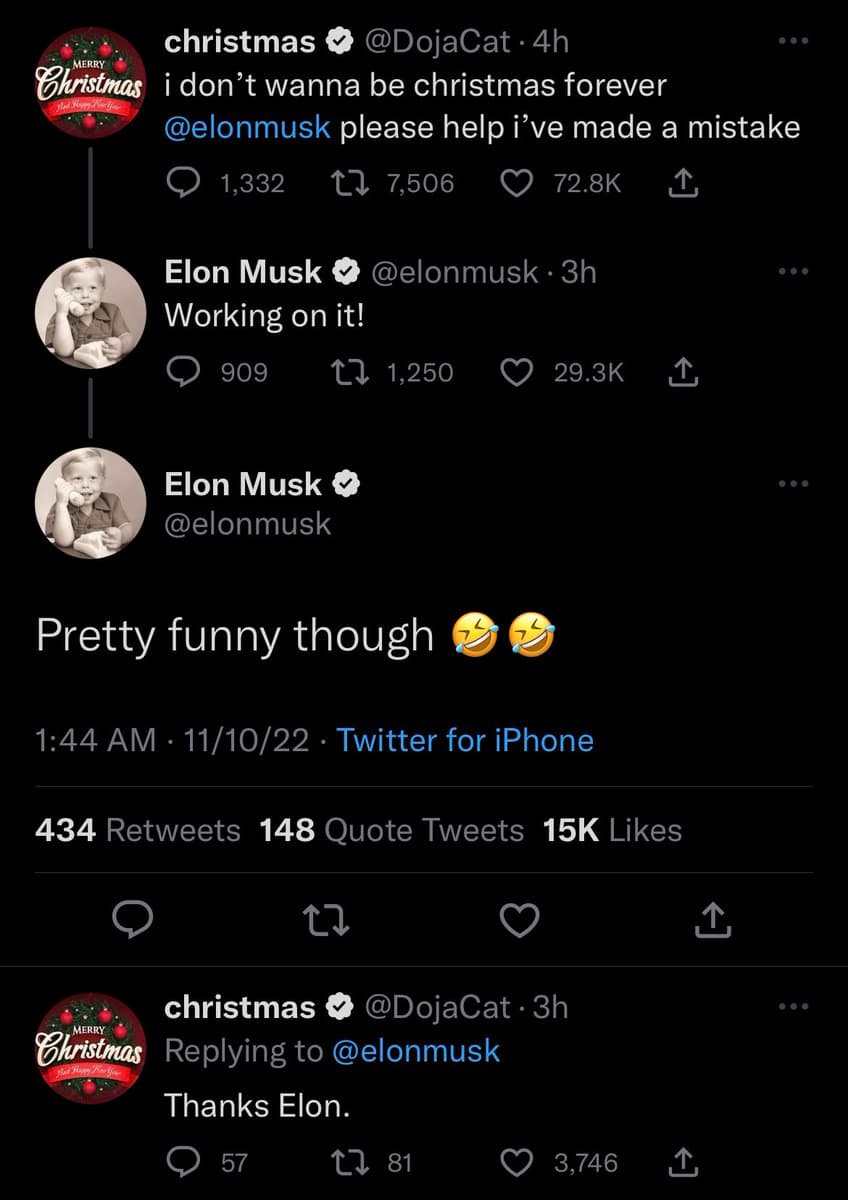 A screenshot of a Twitter conversation between the accounts @DojaCat and @elonmusk. The exchange features a humorous back-and-forth about a 'mistake' and a 'face' getting stuck, referencing the post's context.