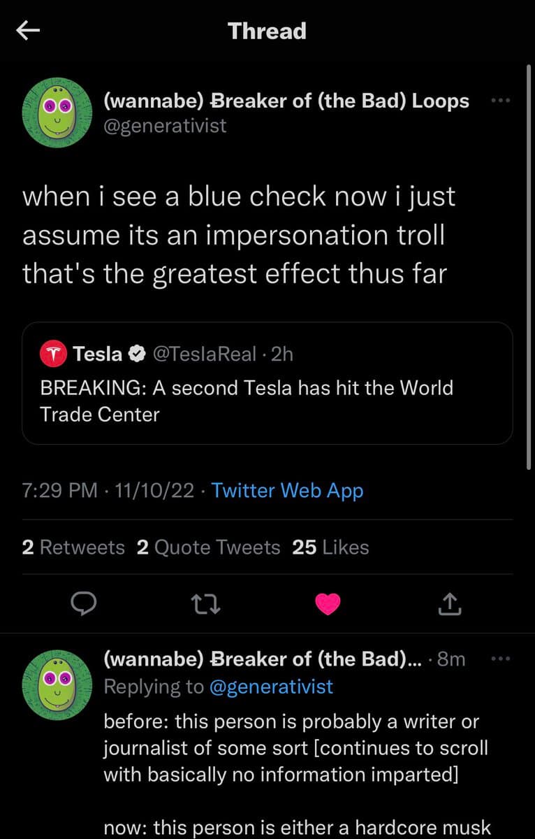 A screenshot of a Twitter thread showing a user's post about blue checkmarks and a reply. The main post includes a screenshot of a fake 'Tesla' tweet claiming a second car hit the World Trade Center.