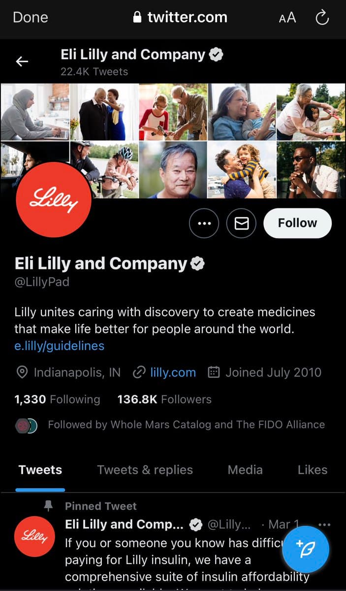 A screenshot of the Twitter profile page for Eli Lilly and Company (@LillyPad), showing the company's header image, profile details, and the top of its feed. The page displays the company's bio, location, follower count, and a pinned tweet about insulin affordability.