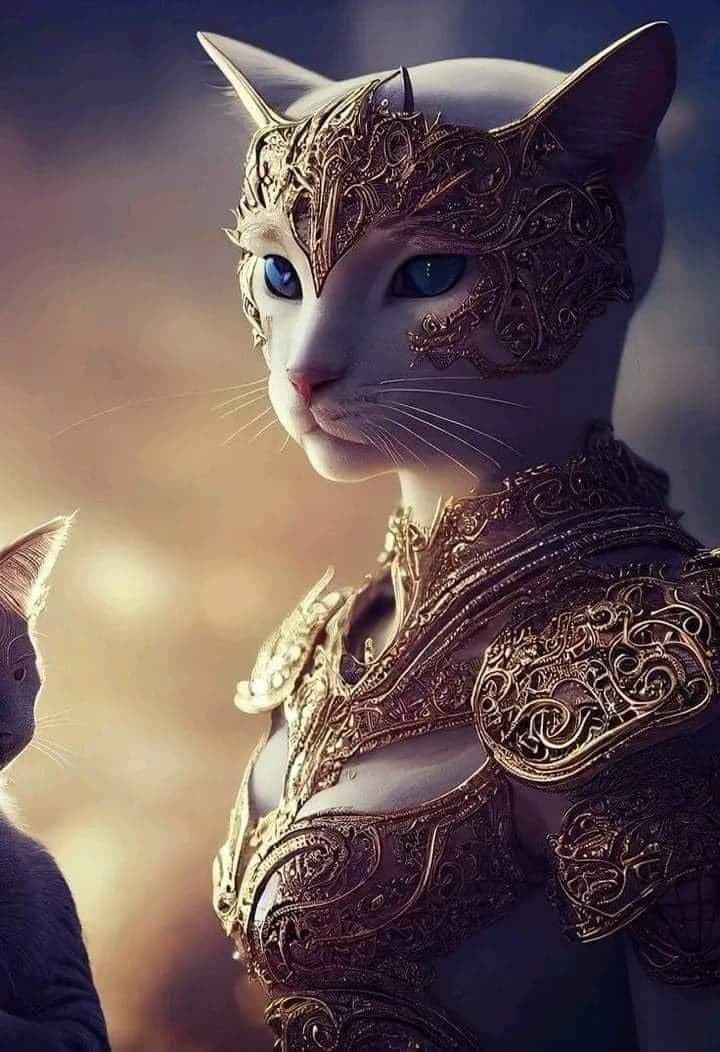 A digital illustration of a white cat with blue eyes wearing ornate, golden armor and a decorative headpiece, resembling a fantasy warrior. A second cat is partially visible in the lower left corner.