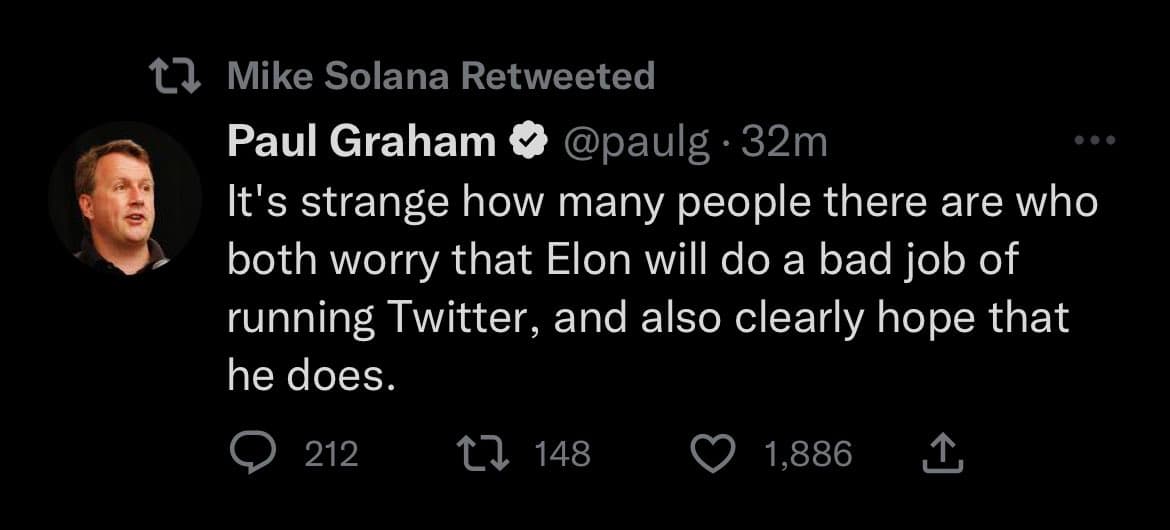 A screenshot of a retweeted post on Twitter. The original tweet is from Paul Graham (@paulg), who was retweeted by Mike Solana. The tweet text discusses public sentiment regarding Elon Musk's management of Twitter.