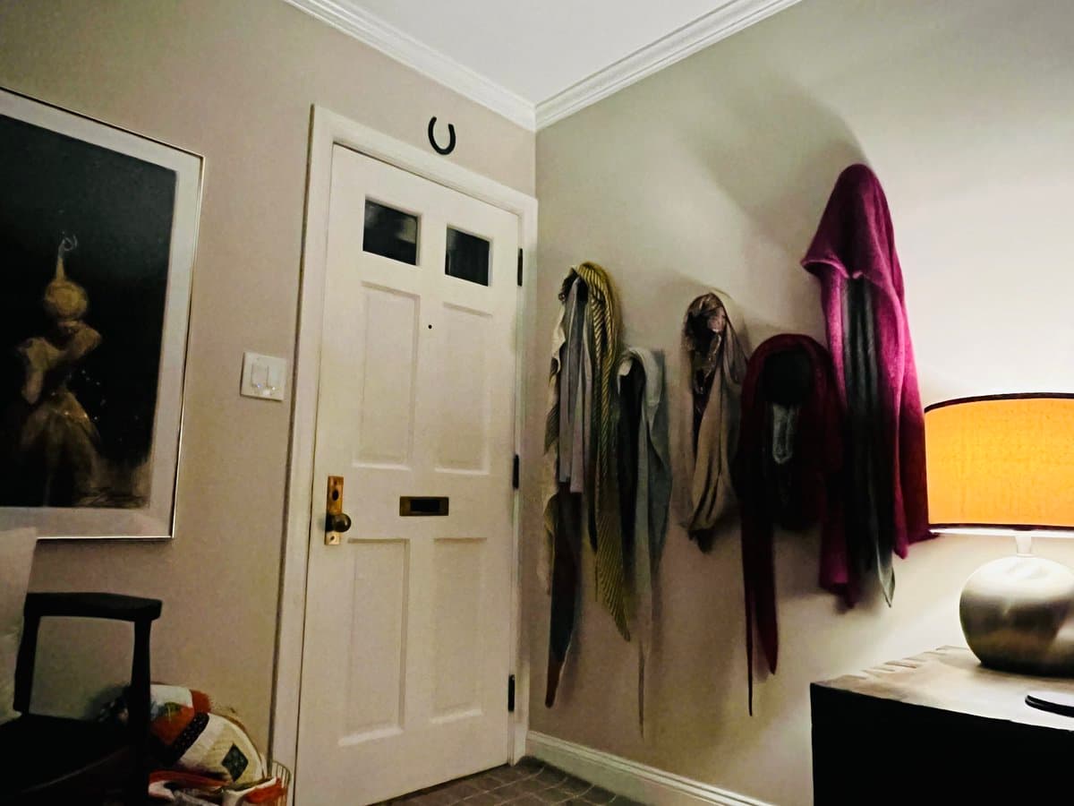 A photograph of an interior hallway corner showing a white front door with a horseshoe above it and several shawls and scarves hanging on hooks on the adjacent wall.