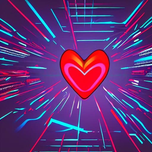 A digital illustration of a glowing red heart with a pink outline, centered against a purple background with radiating neon blue and pink light streaks. The image has a vibrant, retro-futuristic aesthetic.