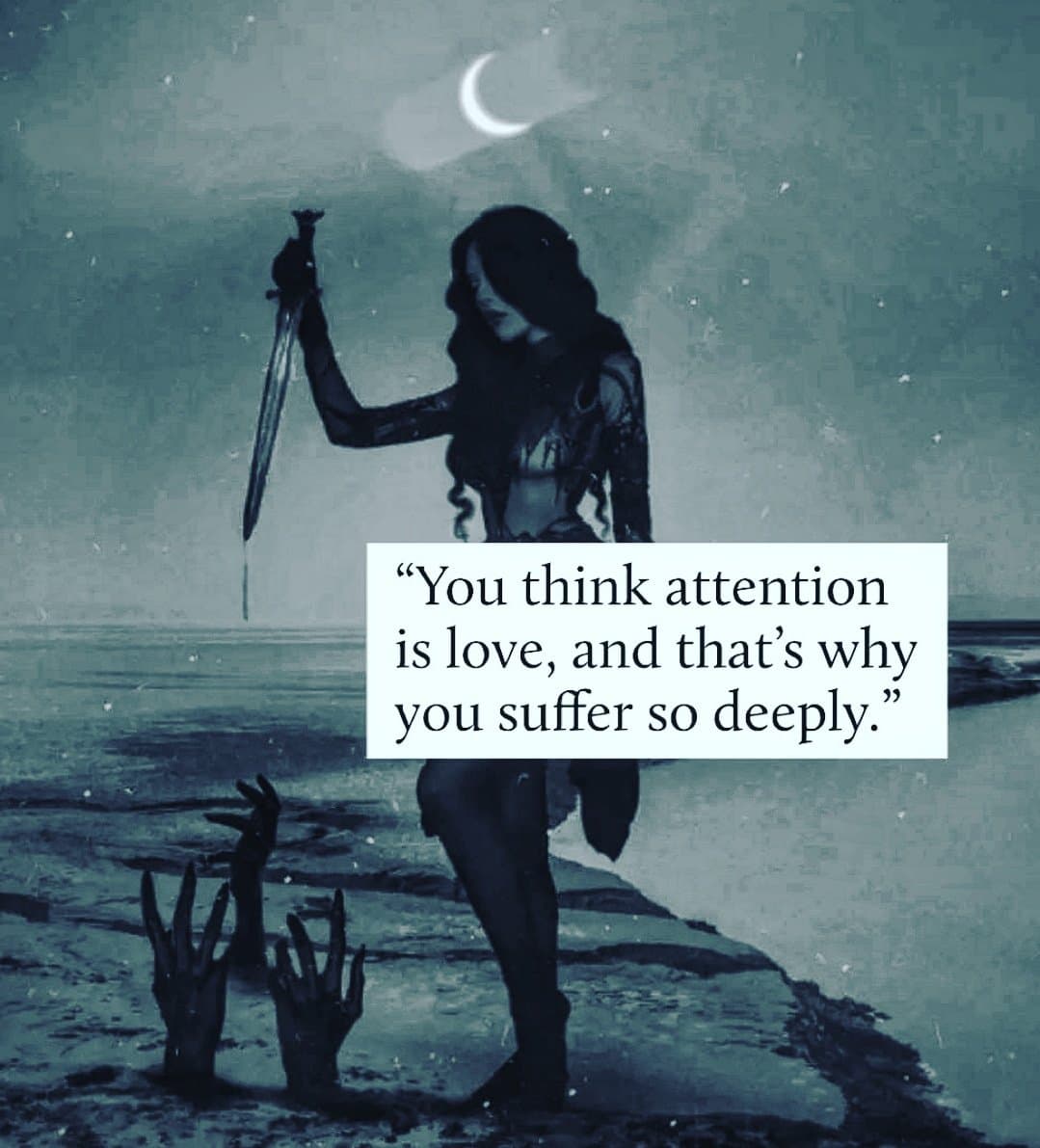 A dark, moody digital illustration of a woman standing on a beach at night, holding a dripping sword, with disembodied hands reaching up from the sand. A text box is overlaid on the image.
