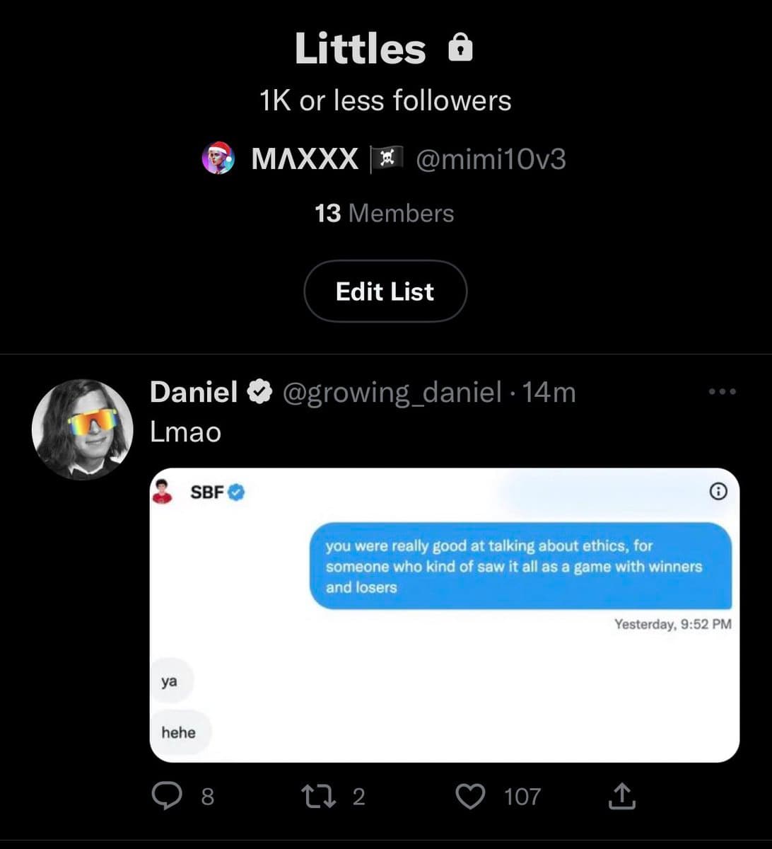 A screenshot of a Twitter post by user Daniel (@growing_daniel) that includes a photo of a text message conversation. The post is displayed below a header for a Twitter List named "Littles".