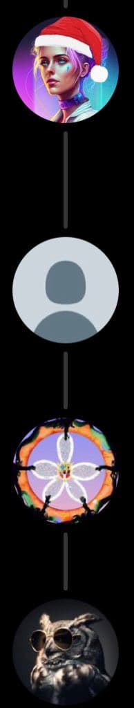 A vertical screenshot of a social media interface showing a chain of three user profile icons connected by lines. The top icon is a digital illustration of a woman with pink hair wearing a Santa hat, the middle is a generic gray silhouette avatar, and the bottom is a photo of an owl wearing sunglasses. There is no legible text in the image.