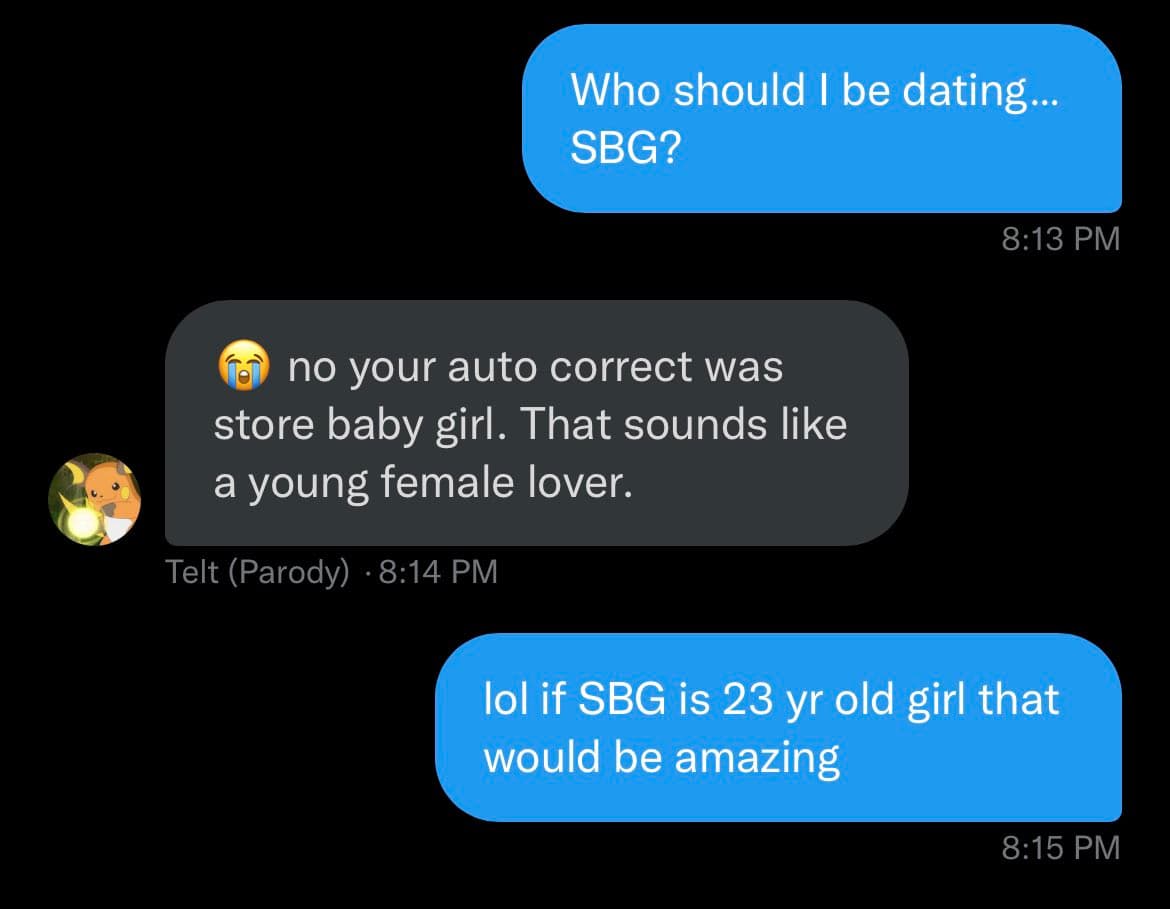 A screenshot of a text message conversation between two people. The conversation is about a person's autocorrect changing a word in a message.