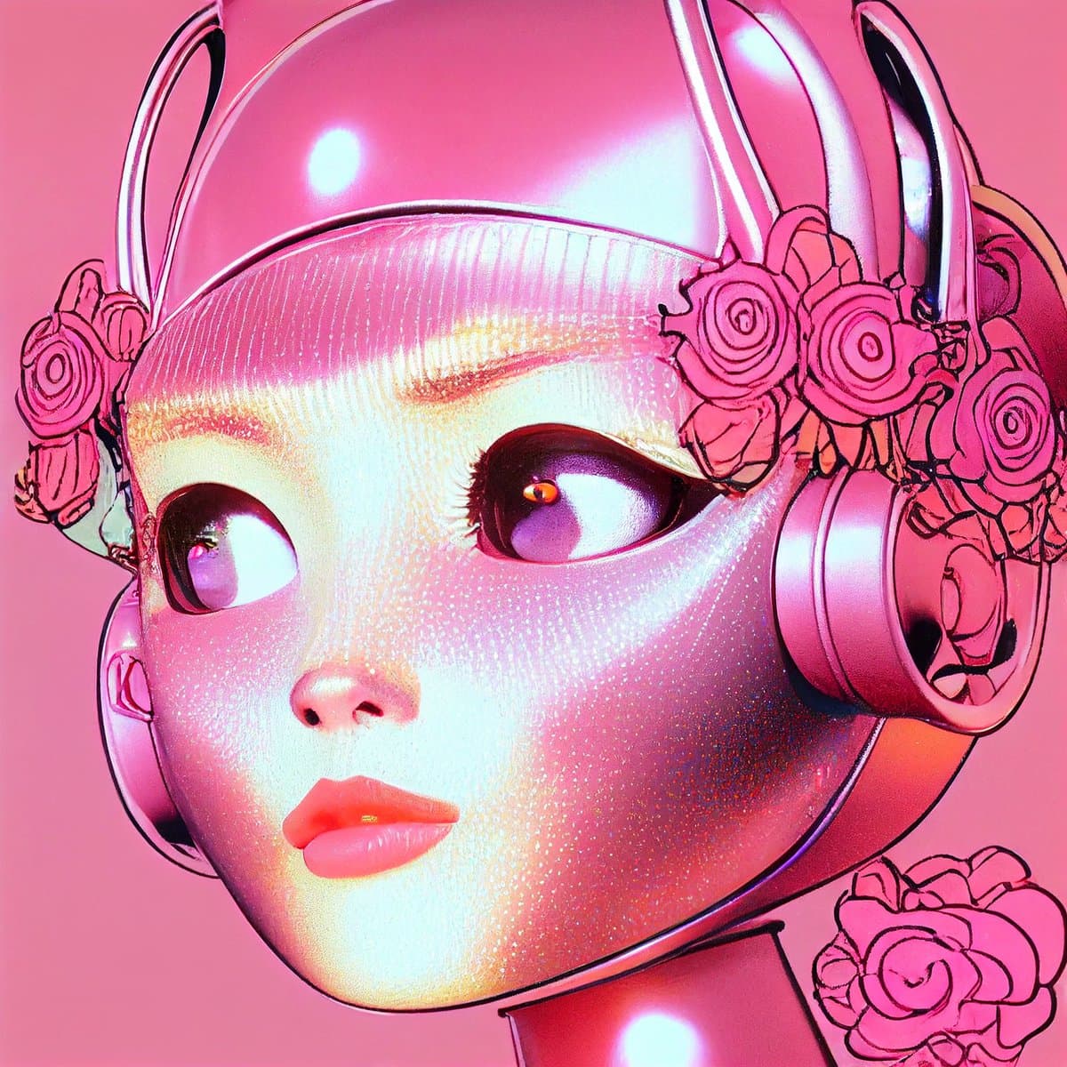 A digital illustration of a stylized, metallic pink face with large, expressive eyes and glossy lips. The figure wears a headpiece adorned with pink roses and has a futuristic, robotic aesthetic.