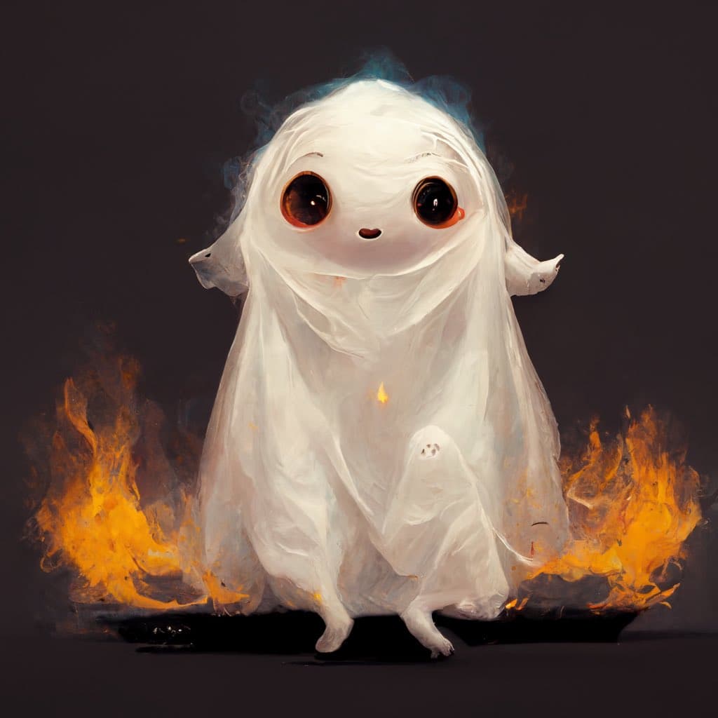 A digital painting of a cute, white ghost-like character with large brown eyes, sitting in front of a fire. The character has a small smile and appears to be made of a soft, fabric-like material.