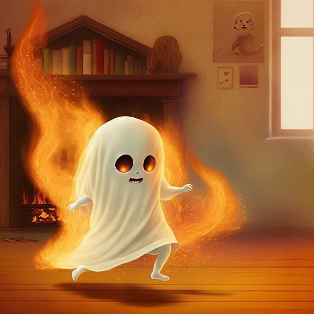 A digital illustration of a cartoon ghost with glowing orange eyes and a mischievous grin, surrounded by a trail of fire as it runs across a wooden floor in a living room.