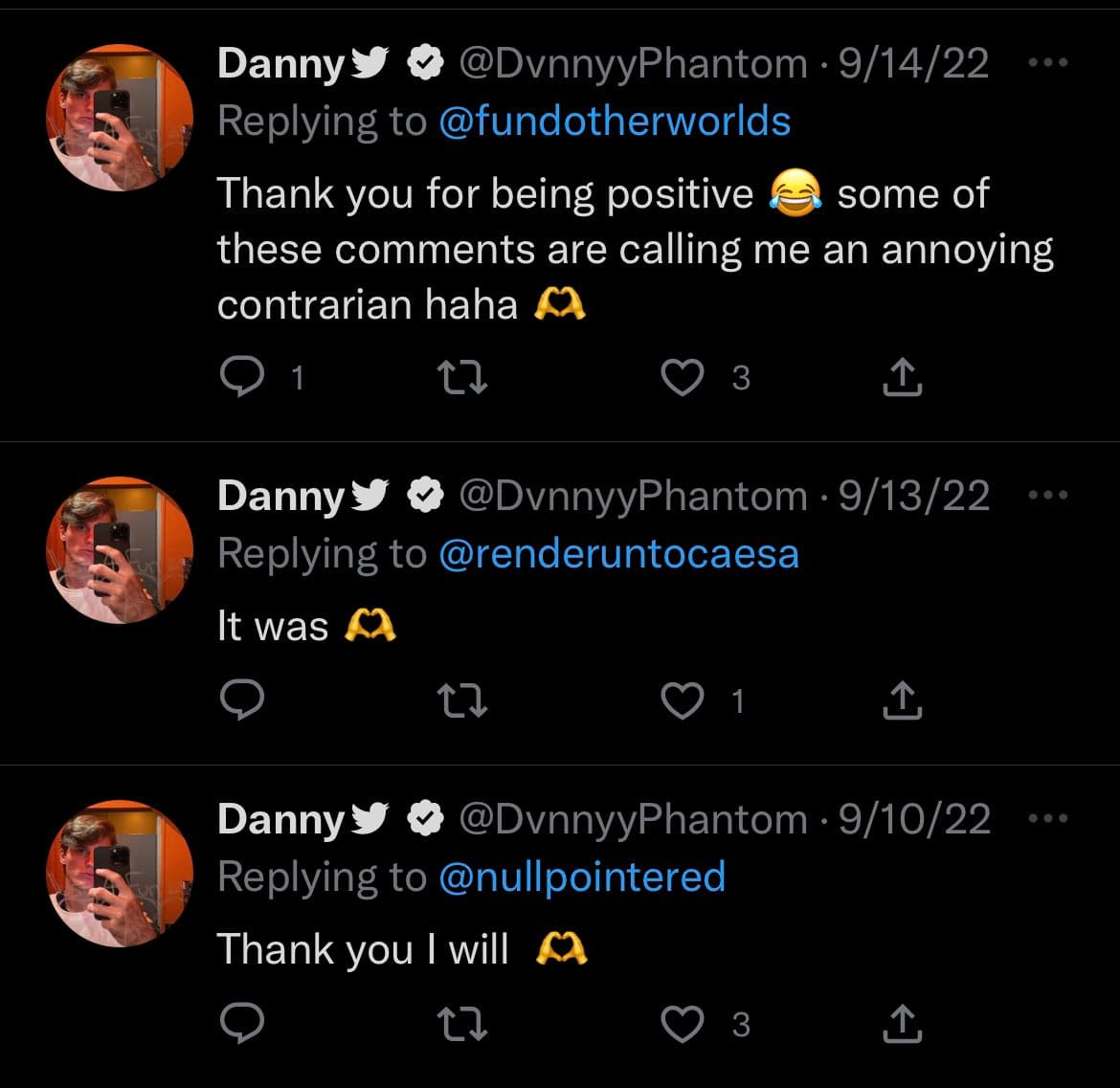 A screenshot of a Twitter thread showing three replies from user @DvnnyyPhantom to different accounts, dated September 10-14, 2022. The replies contain brief messages and emojis.