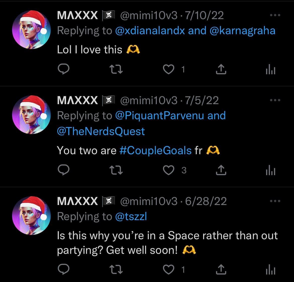A screenshot of a Twitter thread showing three replies from the user @mimi10v3 (display name MAXXX). The replies, dated from June 28 to July 10, 2022, include comments like "Lol I love this" and "You two are #CoupleGoals fr".