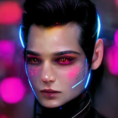 A digital portrait of a person with dark hair, glowing red eyes, and neon blue light accents on their face and head, set against a blurred background of pink and purple bokeh lights. The image has a futuristic, cyberpunk aesthetic.