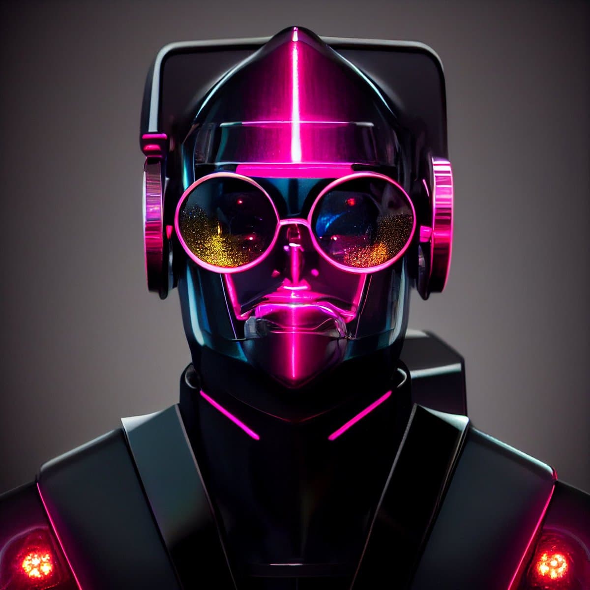 A digital 3D render of a futuristic, robotic humanoid head and shoulders featuring a glossy black finish, large round sunglasses, and glowing pink neon accents. The figure wears a headset with circular earpieces and has red glowing lights on its shoulders against a dark background.