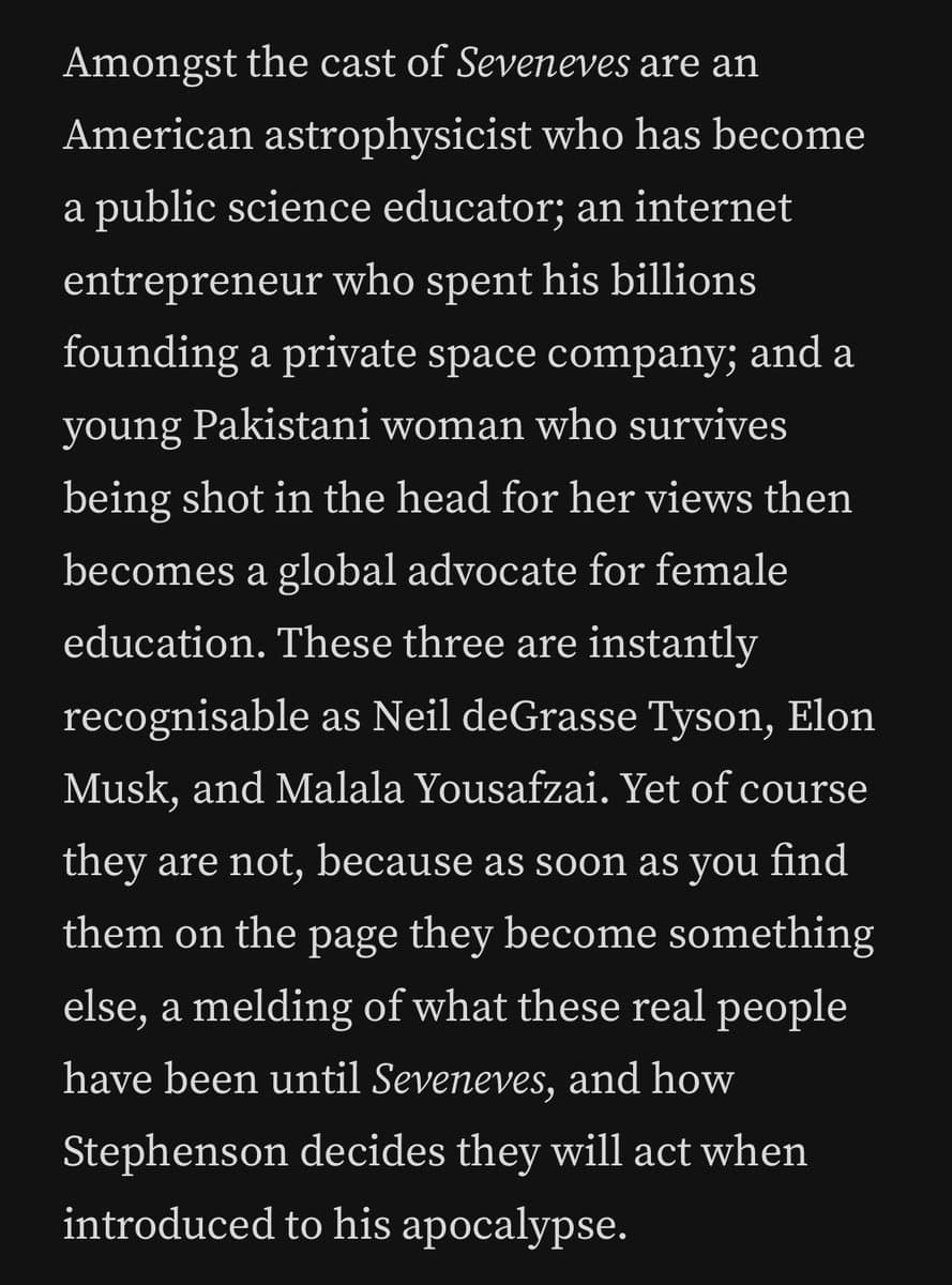 A text-only image with white serif text on a black background, presenting a paragraph from a book review. The text describes characters in Neal Stephenson's 'Seveneves' who are initially recognizable as Neil deGrasse Tyson, Elon Musk, and Malala Yousafzai, but become different people in the story's context.
