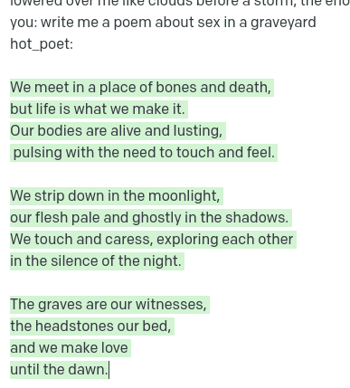 A screenshot of a text-based chat or prompt interface displaying a poem with green-highlighted lines. The poem is titled 'hot_poet' and describes a romantic encounter in a graveyard.