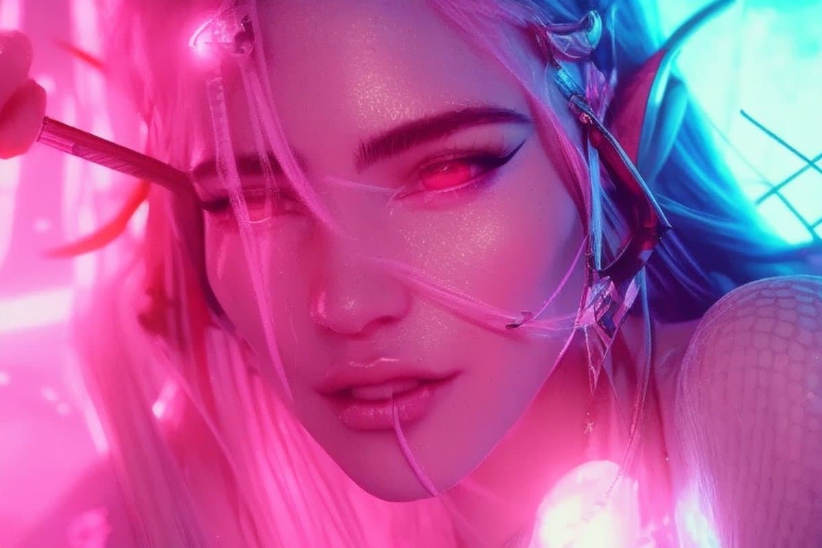 A close-up digital illustration of a fantasy elf character with pointed ears, glowing red eyes, and pink hair, bathed in vibrant neon pink and blue lighting. The image has a surreal, high-contrast aesthetic typical of AI-generated art.