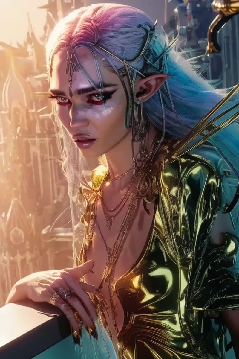 A digital artwork depicting a fantasy elf character with pointed ears, iridescent blue and pink hair, and elaborate gold jewelry, set against a bright, sunlit background.