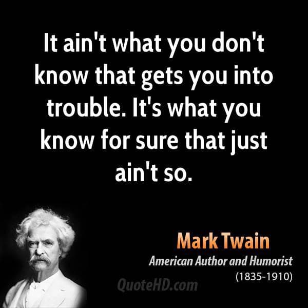 A black-and-white quote card featuring a portrait of Mark Twain in the lower left corner. White text on a black background displays a quote, with the author's name, title, and dates listed in the lower right corner.