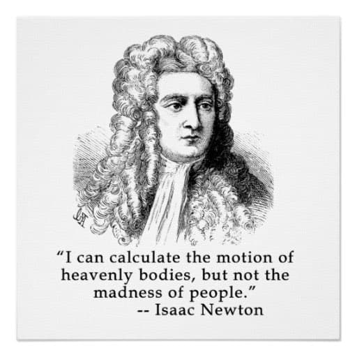 A black-and-white engraved portrait of Isaac Newton with a long, curly wig, accompanied by a quote below the image.