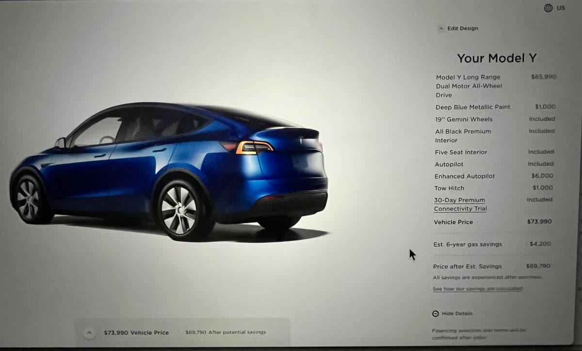 A screenshot of a Tesla vehicle configuration webpage showing a blue Model Y Long Range. The right side lists the selected options and pricing, including a vehicle price of $73,990 and an estimated price after savings of $69,790.