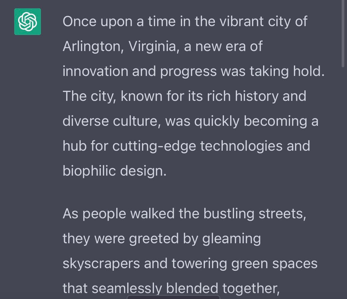 A screenshot of a text response from the ChatGPT interface, showing a generated story about Arlington, Virginia.