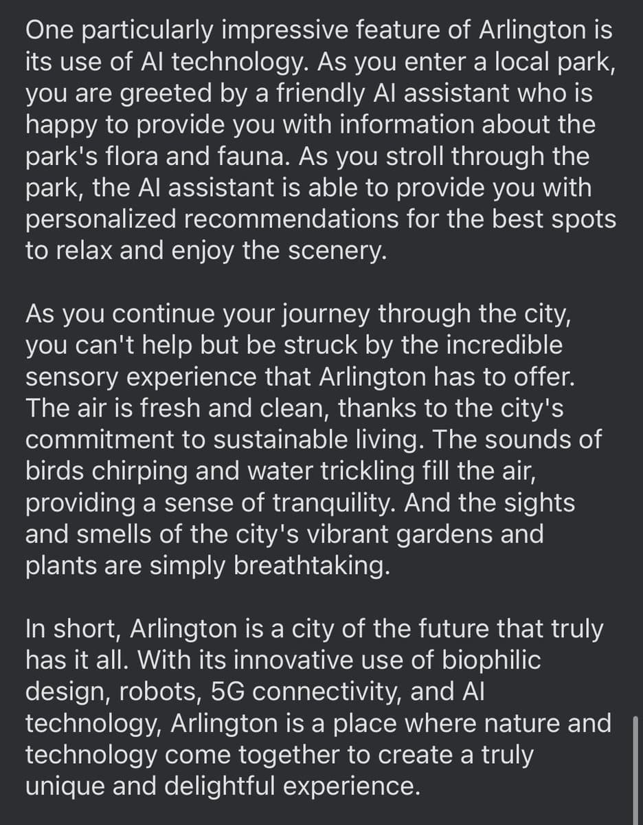 A screenshot of a text document on a dark background, describing a futuristic vision of Arlington with AI technology and sustainable living. The text is presented in white font against a dark gray background.