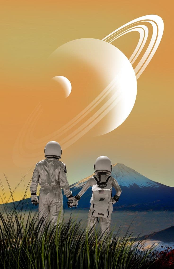 A digital sci-fi illustration showing two astronauts in white spacesuits holding hands in a grassy field, looking out at a mountain and a sky dominated by a large ringed planet and a smaller moon. The scene has a warm, orange-toned atmosphere.