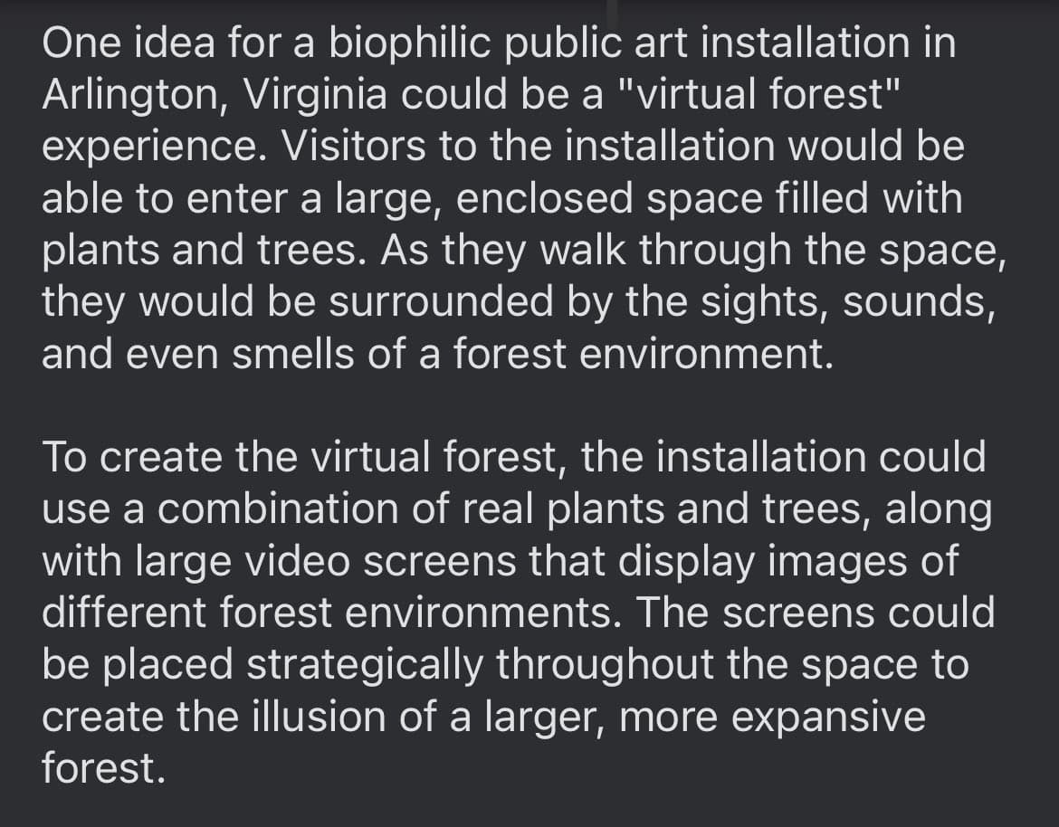 A screenshot of a text-based proposal for a biophilic public art installation. The text describes a "virtual forest" experience for Arlington, Virginia, featuring real plants, trees, and large video screens to create an immersive environment.