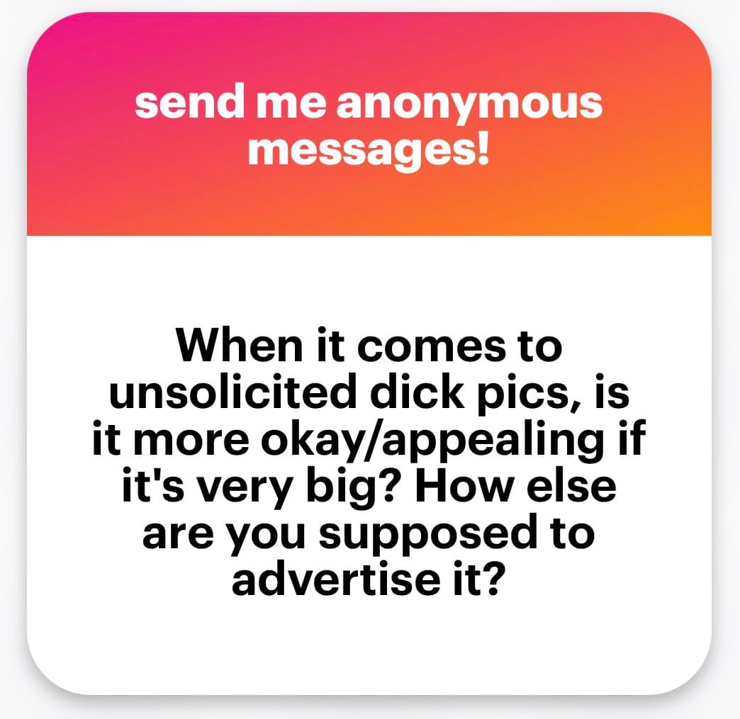 A screenshot of a social media post featuring a text-based graphic. The image has a pink-to-orange gradient header and a white body containing a question about unsolicited explicit images.