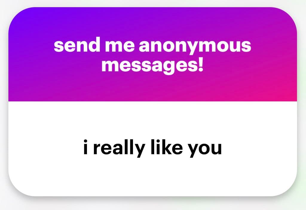 A graphic with a purple-to-pink gradient top section and a white bottom section, displaying text that invites anonymous messages and expresses affection.