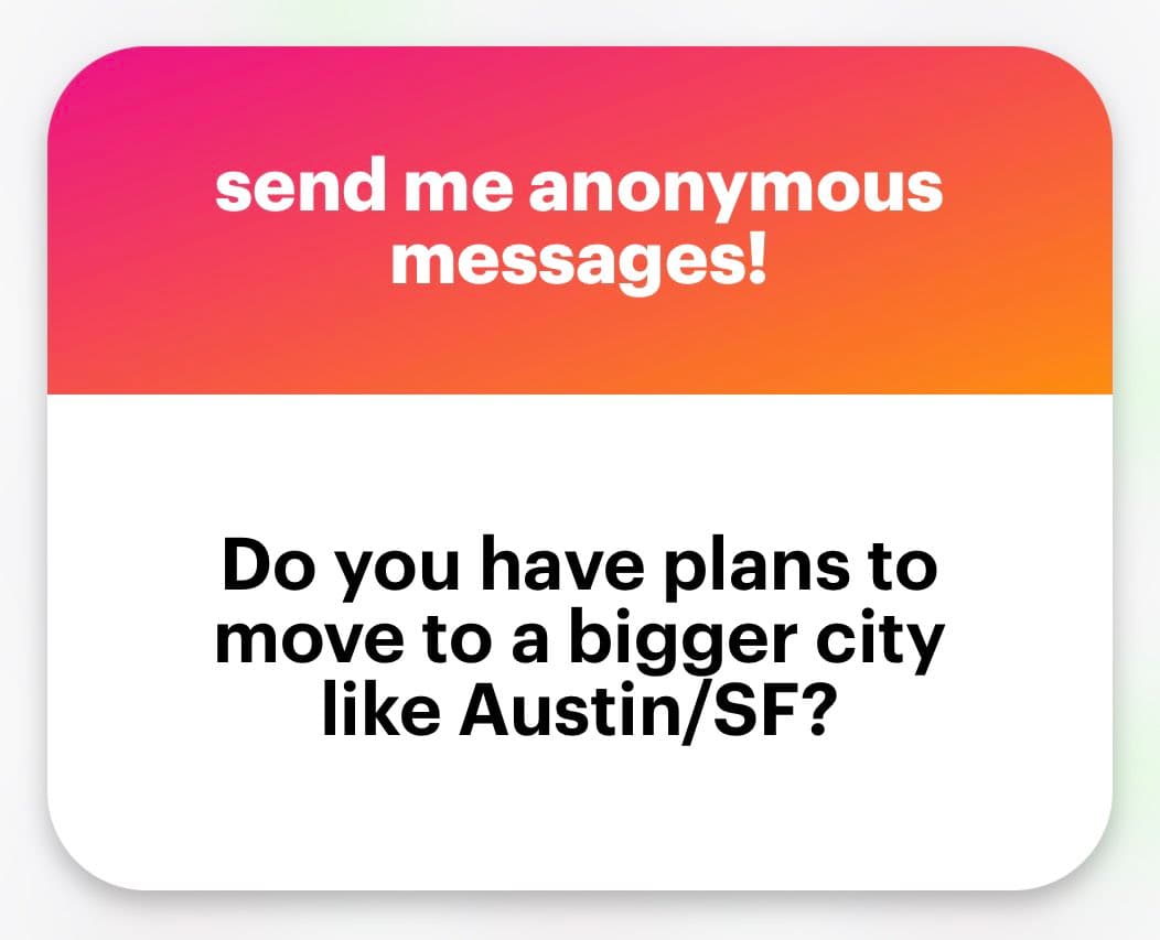 A social media graphic with a pink-to-orange gradient header and a white body, designed to solicit anonymous messages. The image is a text-based card, likely a screenshot of a Twitter post or a promotional image for a service.