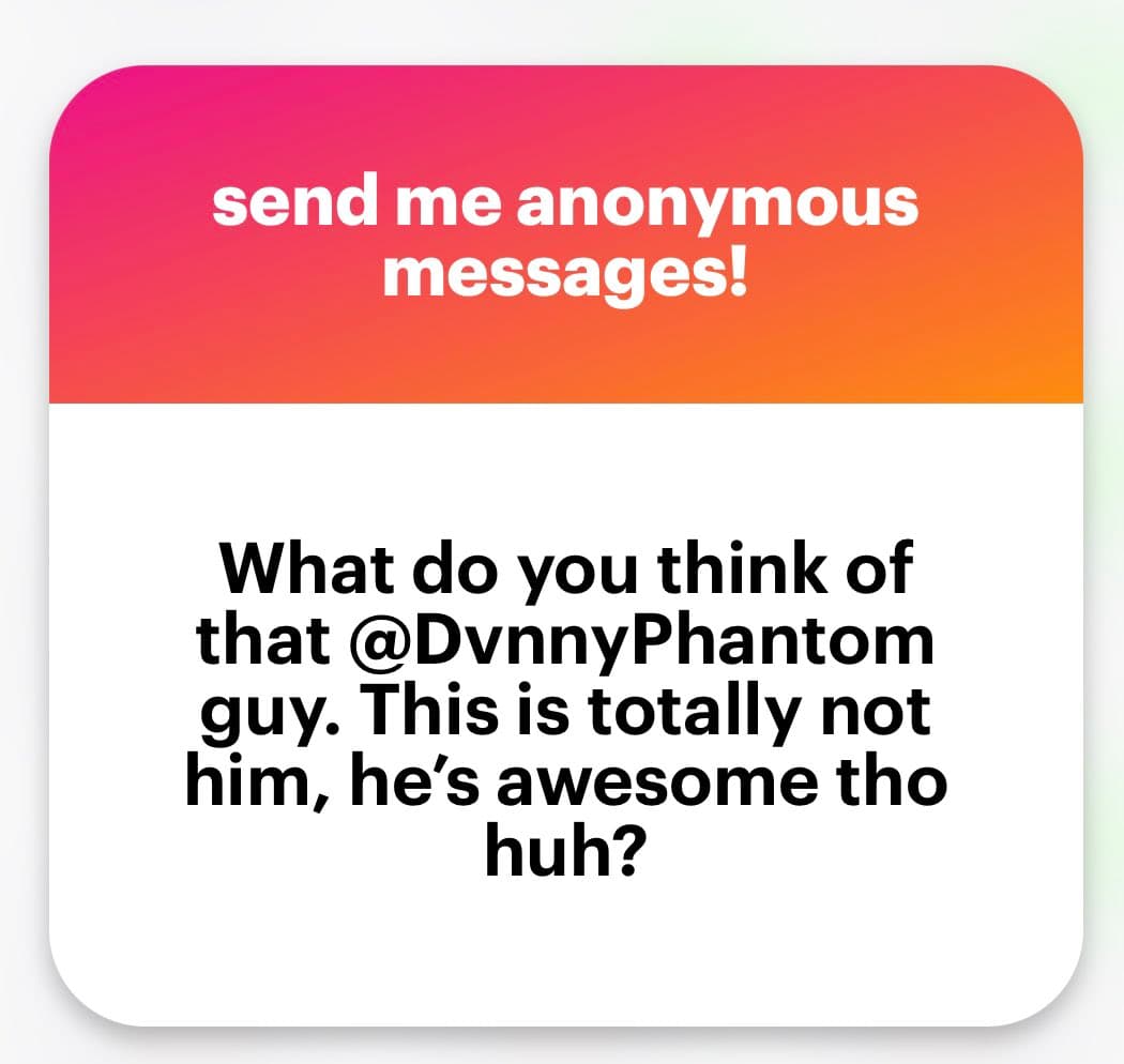 A square social media graphic with a pink-to-orange gradient header and a white body. The header contains white text, and the body contains black text asking for opinions about a specific user.