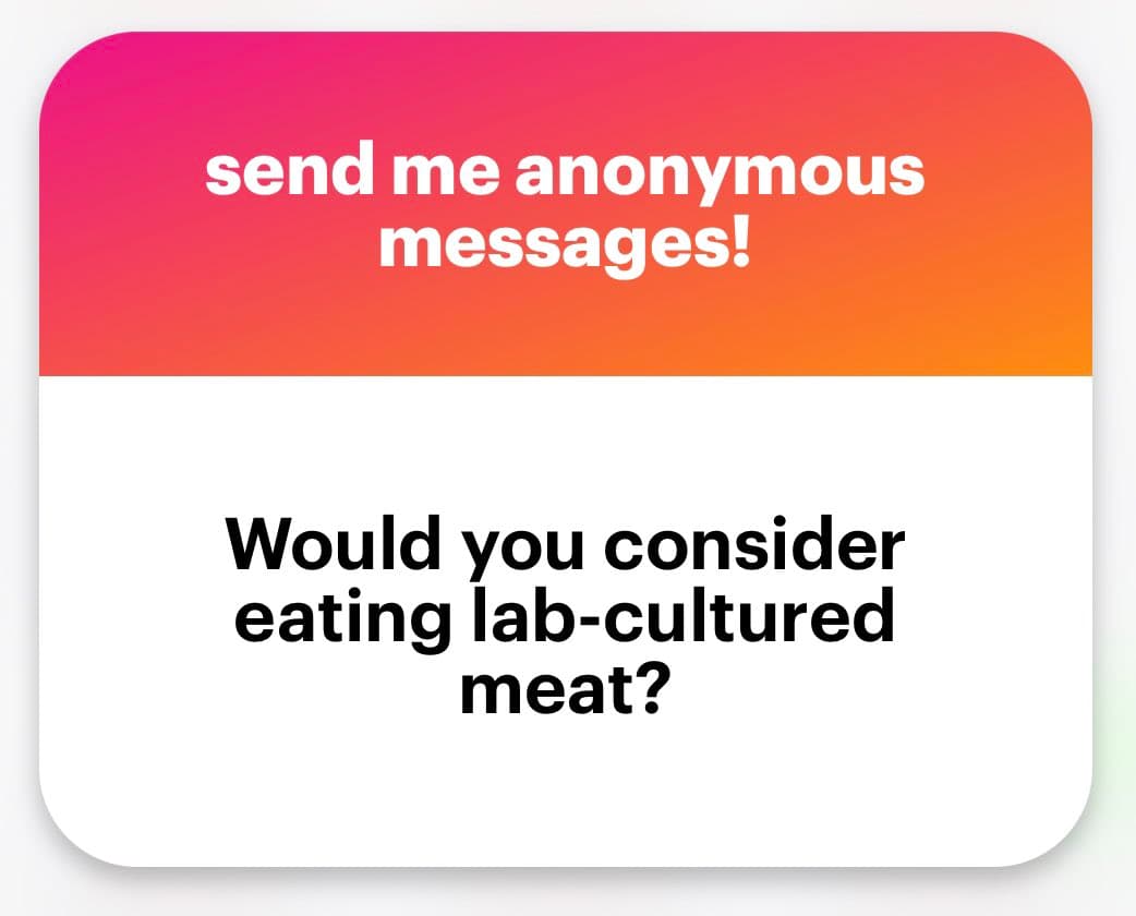 A screenshot of a digital anonymous message card featuring a pink-to-orange gradient header and a white body. The card asks the viewer a question about their dietary preferences.