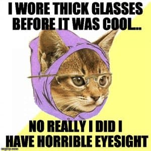 A meme featuring a photo of a cat wearing a purple hood and small glasses, set against a yellow background. The image has text overlaid at the top and bottom.