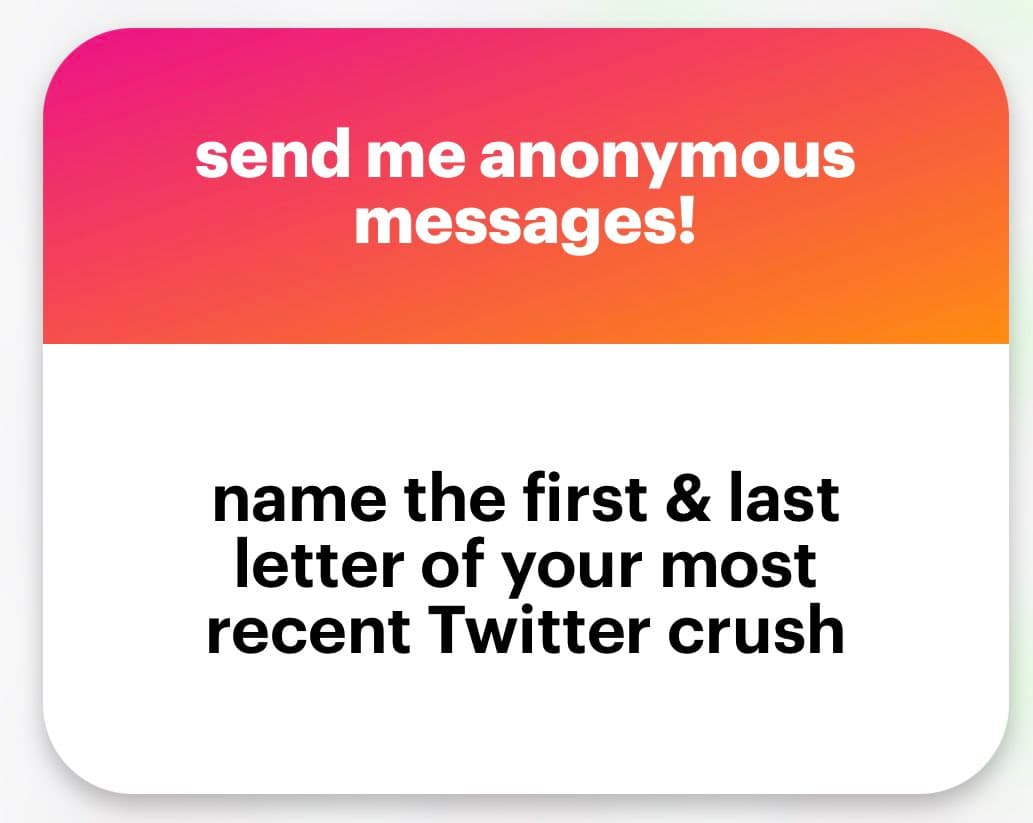 A square social media graphic with a pink-to-orange gradient top section and a white bottom section. The image contains text inviting users to participate in an anonymous message game.