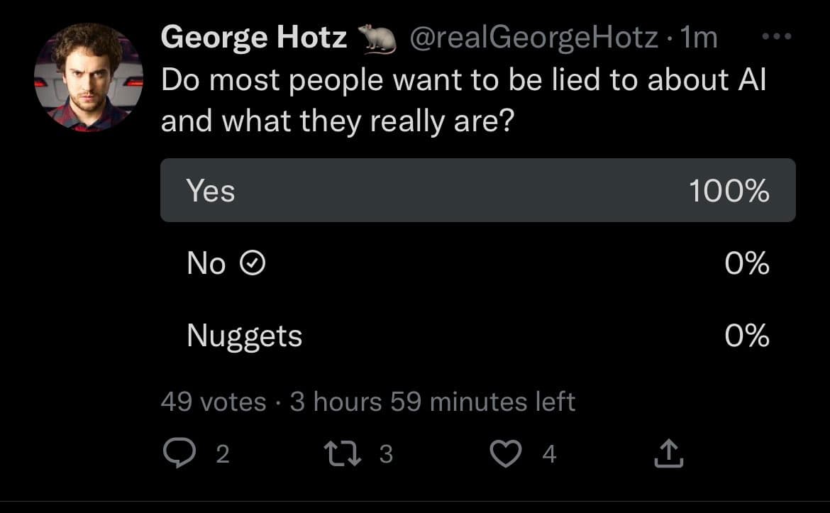 A screenshot of a Twitter poll posted by George Hotz (@realGeorgeHotz). The poll asks, "Do most people want to be lied to about AI and what they really are?" with options "Yes" (100%), "No" (0%), and "Nuggets" (0%). The poll shows 49 votes with 3 hours and 59 minutes left.