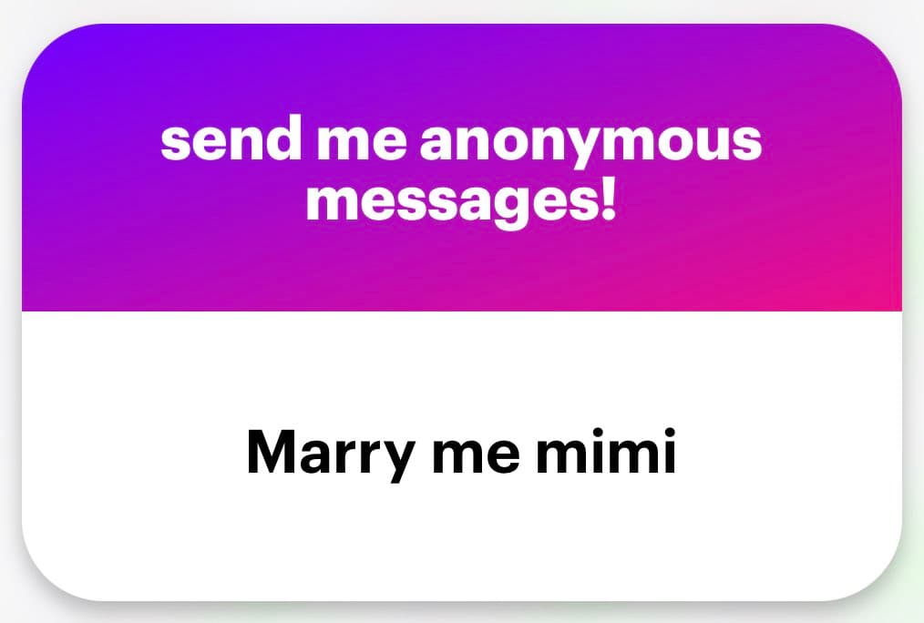 A screenshot of an anonymous message card with a purple and pink gradient header and a white body. The header contains white text, and the body contains black text.
