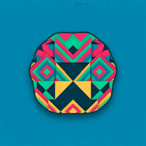 A digital art piece featuring a symmetrical, geometric pattern in vibrant colors of pink, green, yellow, and black, set against a solid blue background. The design consists of repeating shapes like chevrons, diamonds, and triangles arranged in a circular, mandala-like composition. This is a screenshot of a generative art piece by creative coder @takawo, shared on Twitter.
