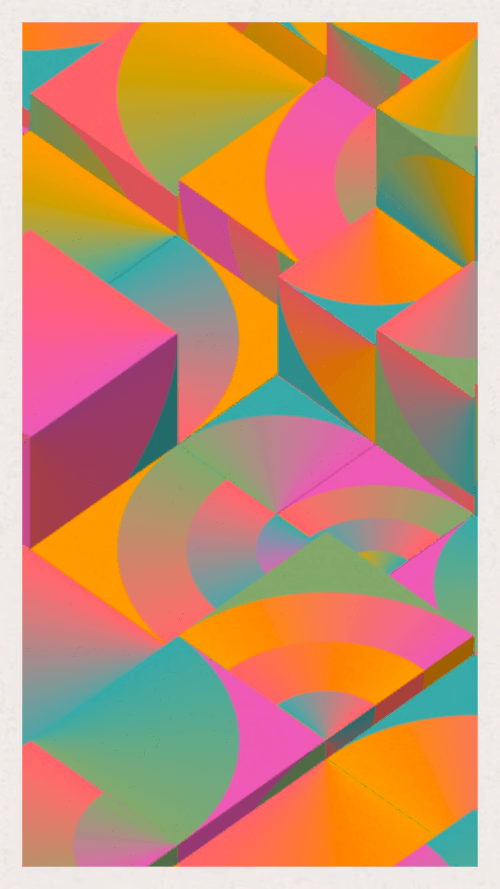 A colorful, abstract digital artwork featuring a grid of three-dimensional geometric blocks with curved, quarter-circle patterns. The image uses a vibrant palette of pink, orange, yellow, and teal with a grainy, textured finish. There is no text present in the image.