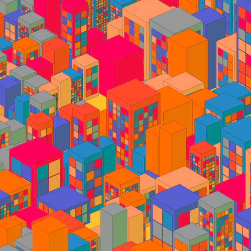 A colorful, isometric digital illustration of a dense cityscape made of blocky, pixelated buildings in vibrant shades of red, orange, blue, and green. The image is a piece of generative art featuring a repeating, grid-like pattern of windows on the building facades.